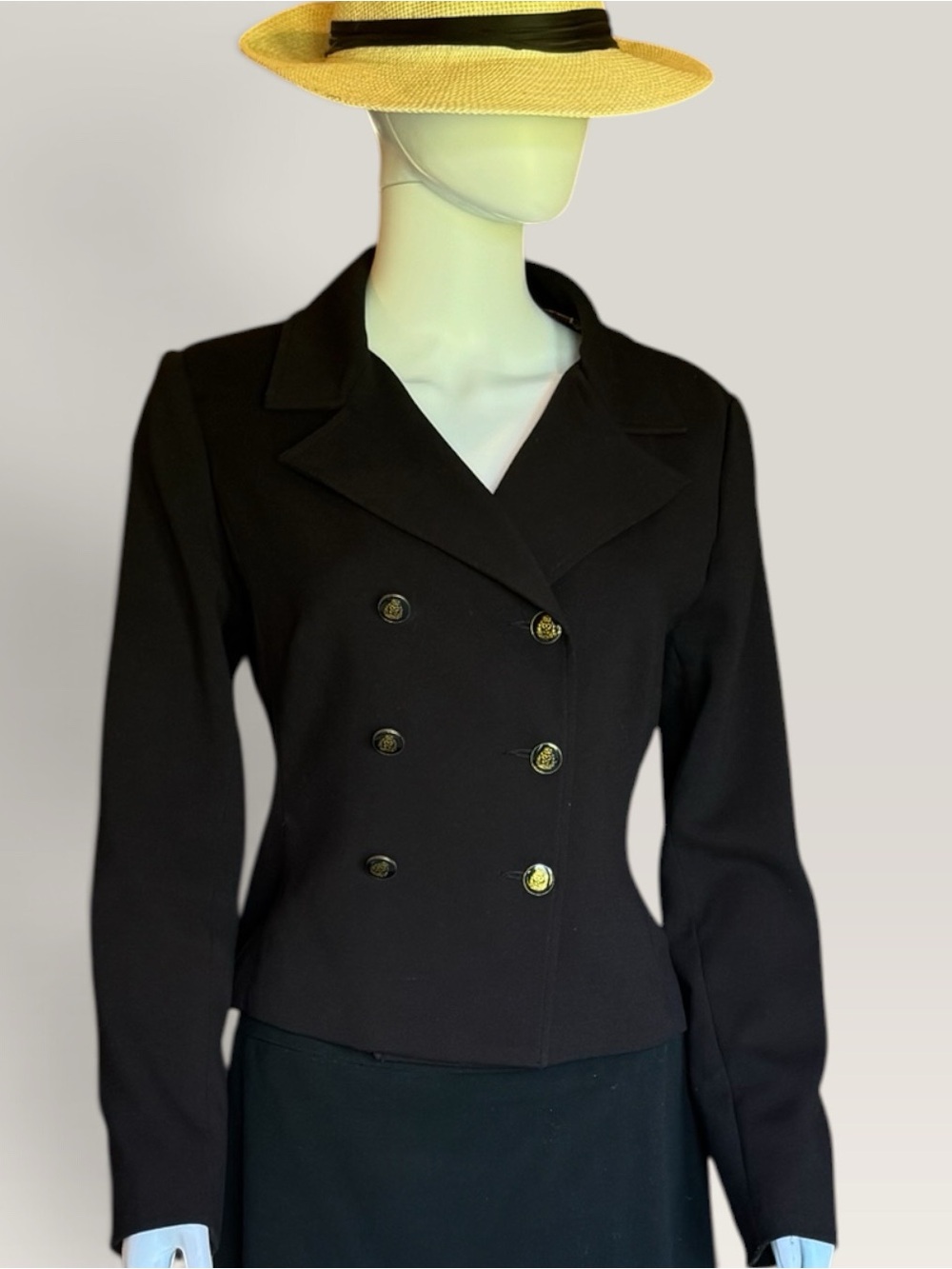 CAbi Black Double-Breasted Tailored Blazer with Gold Buttons